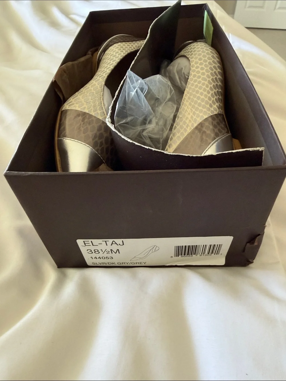 Elie Tahari Silver Pointed Flats with Snake-Print Band